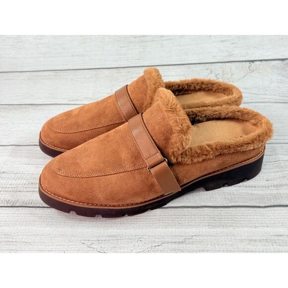 Vionic Kailen Faux Fur Shearling Toffee Brown Genuine Suede Mules Size 11 - Picture 1 of 9